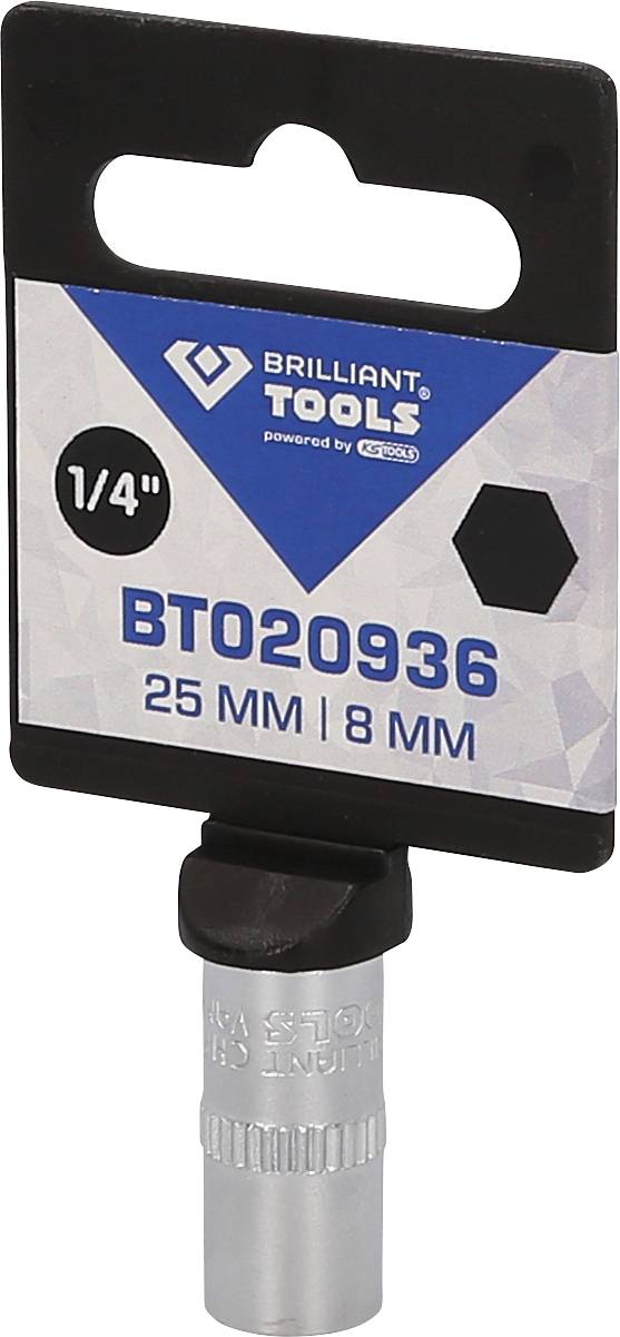 Stříbrný nástavec imbusového klíče, velikost 25 mm | 8 mm, s černou etiketou a produktovým číslem BT020936 od značky Brilliant Tools.