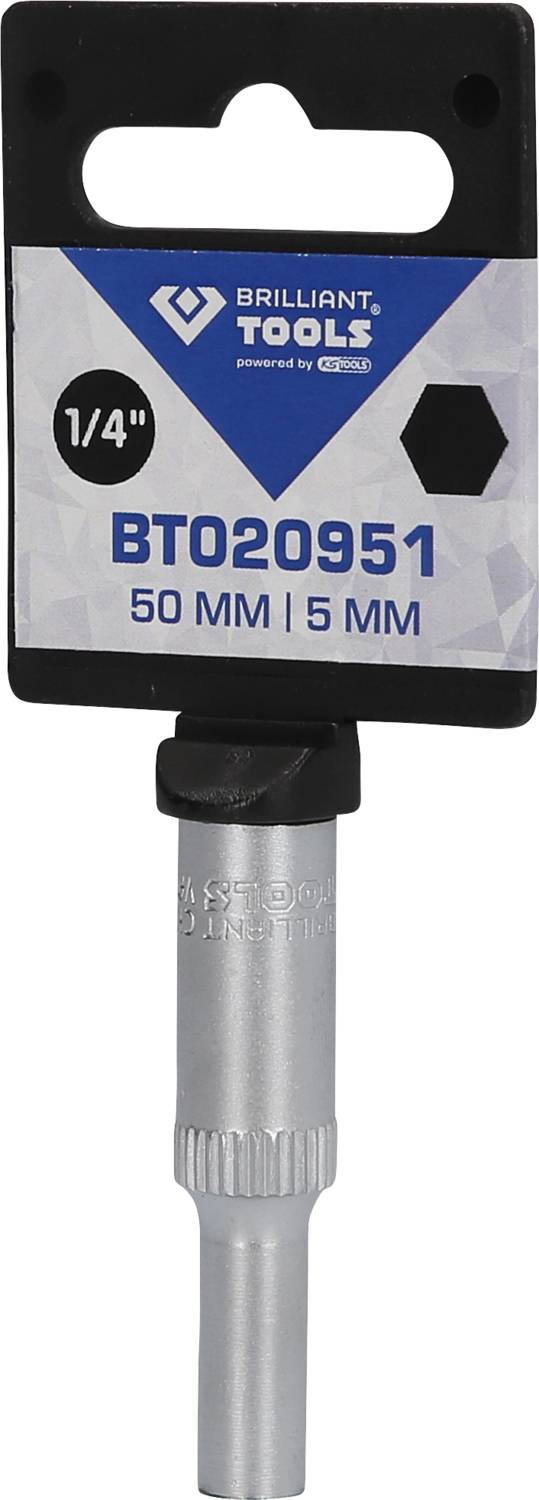 Nástroj 'Brilliant Tools', bit, model BT020951, délka: 50 mm, šestihranný konec 5 mm, na kovovém držáku s etiketou.