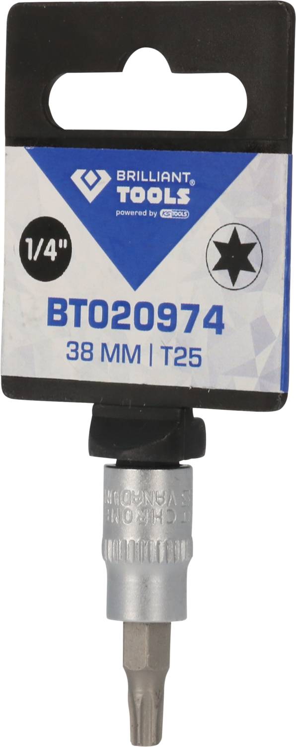 'Brilliant Tools BT020974', T25 šroubovací bit 38 mm. Balení v modré a bílé barvě s firemním logem a produktovými informacemi.