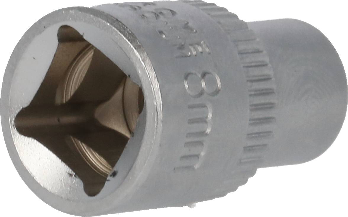 Stříbrný nástrčný klíč s vyražením '8 mm', vhodný pro šrouby nebo matice o velikosti 8 mm.