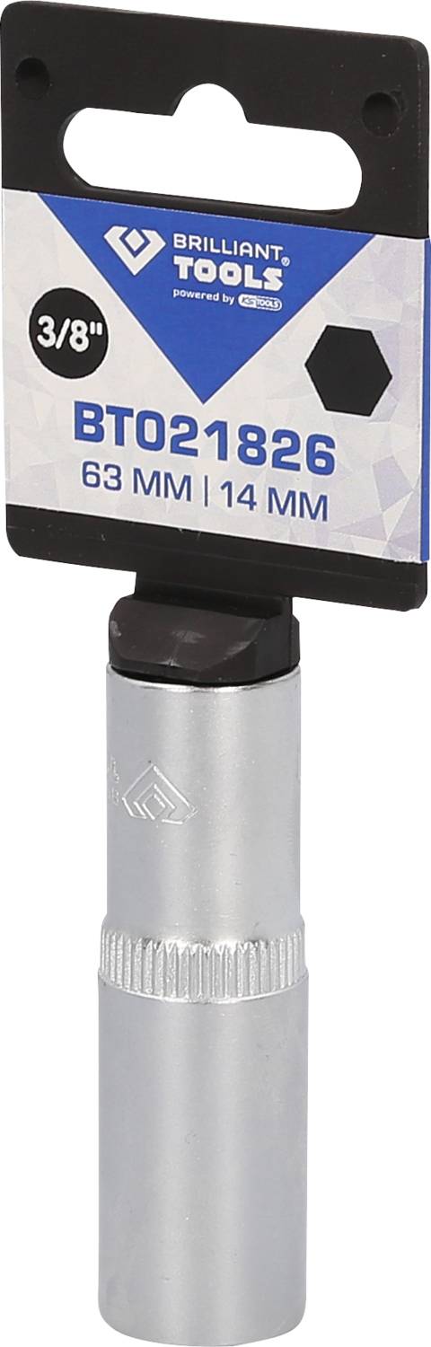 Stříbrný nástrčný klíč s nápisem 'BT021826 63 MM | 14 MM' umístěný na černé kartě.