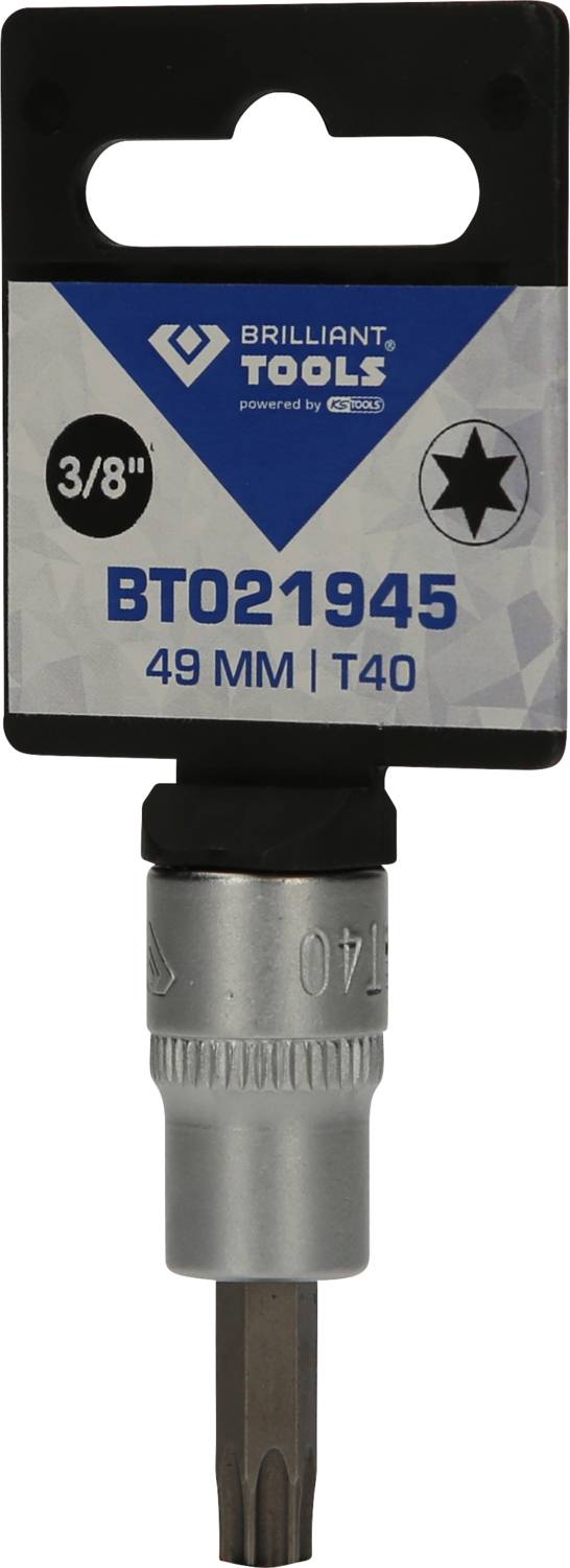 Nástroj Brilliant Tools BT021945, 3/8" Torx bit T40, délka 49 mm na černém štítku s modrým logem. Nástroj pro šroubování.