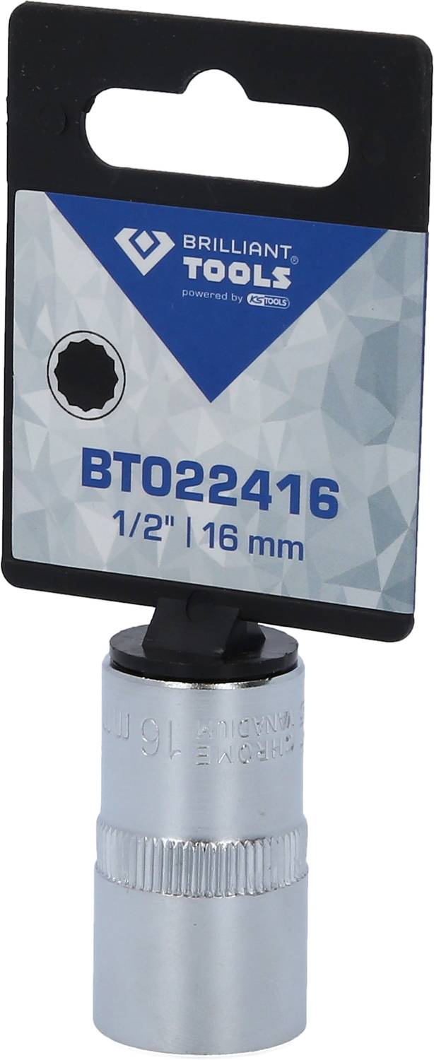'Nástrčný klíč BT022416, rozměr 1/2" | 16 mm, od výrobce Brilliant Tools, prezentovaný na černé kartě s logem výrobce.'