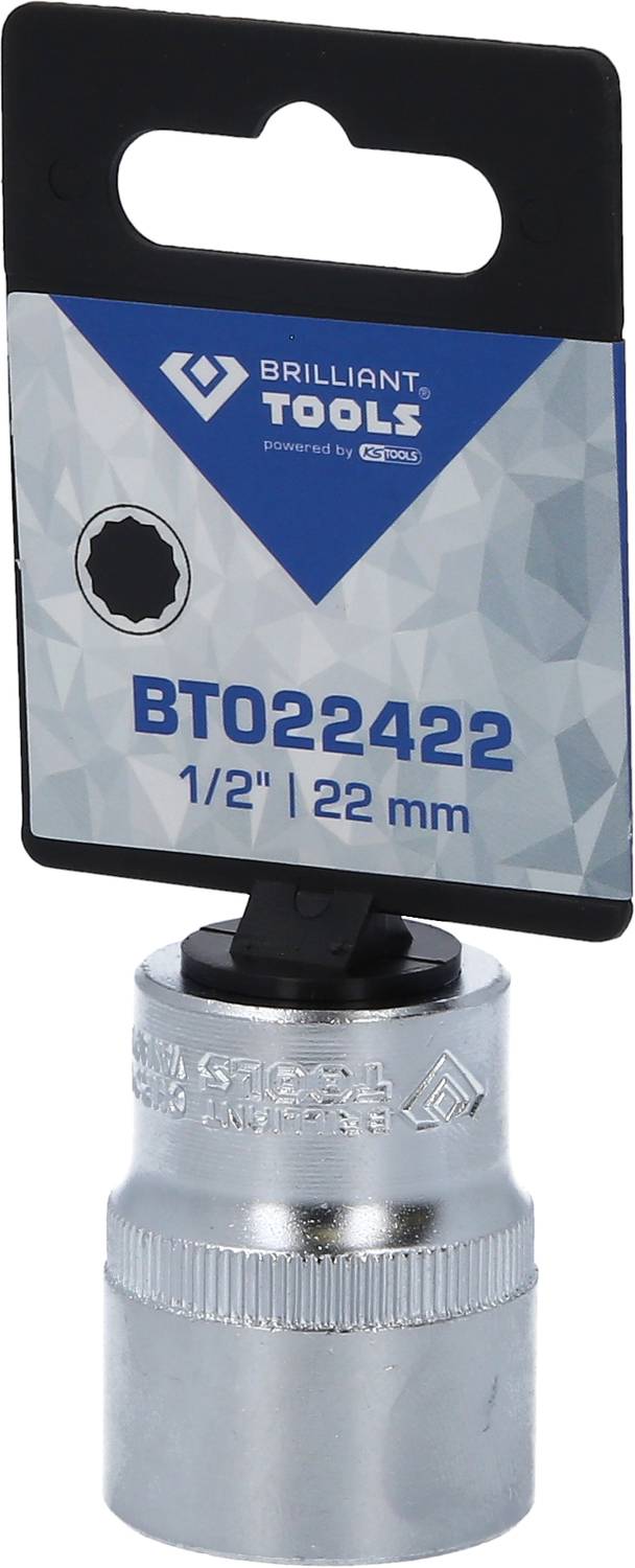 Nástrčný klíč, Brilliant Tools, BT022422, 1/2 palce, 22 mm, ve stříbrném kovovém provedení s držákem pro snadné uskladnění.