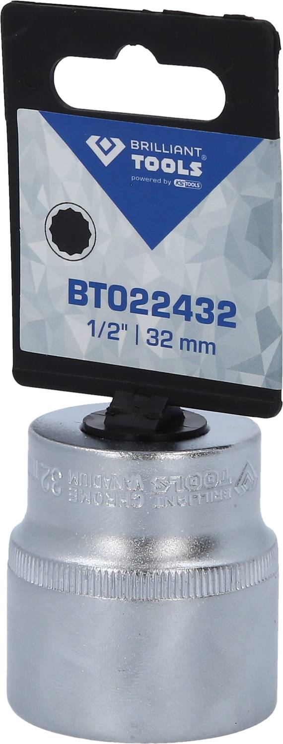 Nástavec na ráčnu značky Brilliant Tools, model BT022432, velikost 1/2 palce, 32 mm. Zabaleno s logem výrobce a produktovými informacemi.