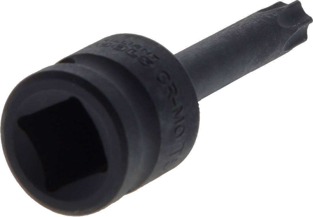 Černý šroubovací bit s hlavou Torx, vhodný pro použití s nástrčným klíčem, na bílém pozadí.