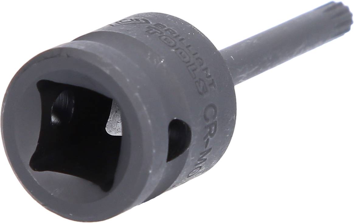 Nástrčný klíč Torx s dlouhým dříkem, z tmavého kovu, s čtvercovým otvorem pro upevnění k nástroji, používaný pro mechanické aplikace.