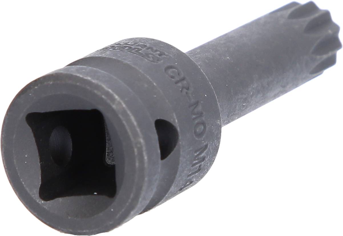 Černý nástavec klíče s čtvercovým otvorem a ozubeným dříkem. Používá se pro mechanické nástroje.