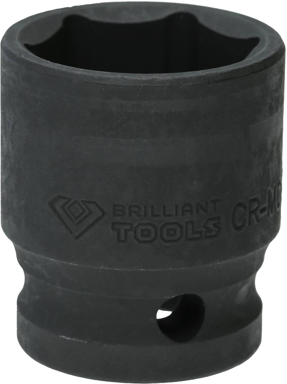 Černý zástrčný klíč s nápisem 'Brilliant Tools CR-MO', válcovitého tvaru se zaoblenými hranami a bočním otvorem.