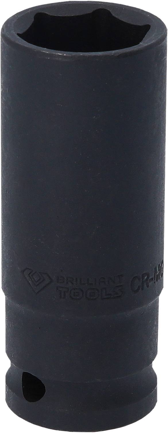 Černý nástrčný klíč od Brilliant Tools s nápisem 'CR-MO', vhodný pro použití s rázovým utahovákem.