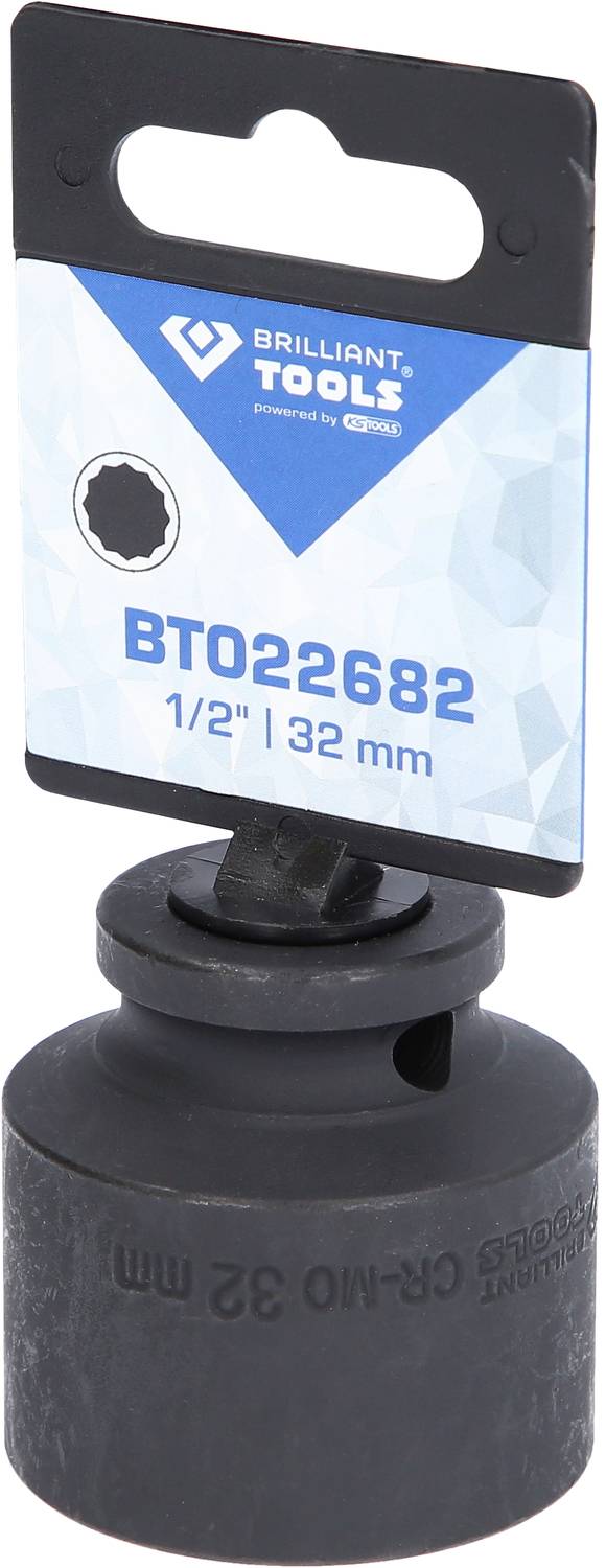 Černý nástrčný klíč 1/2" s velikostí 32 mm od značky Brilliant Tools, prezentovaný na modré produktové kartě.
