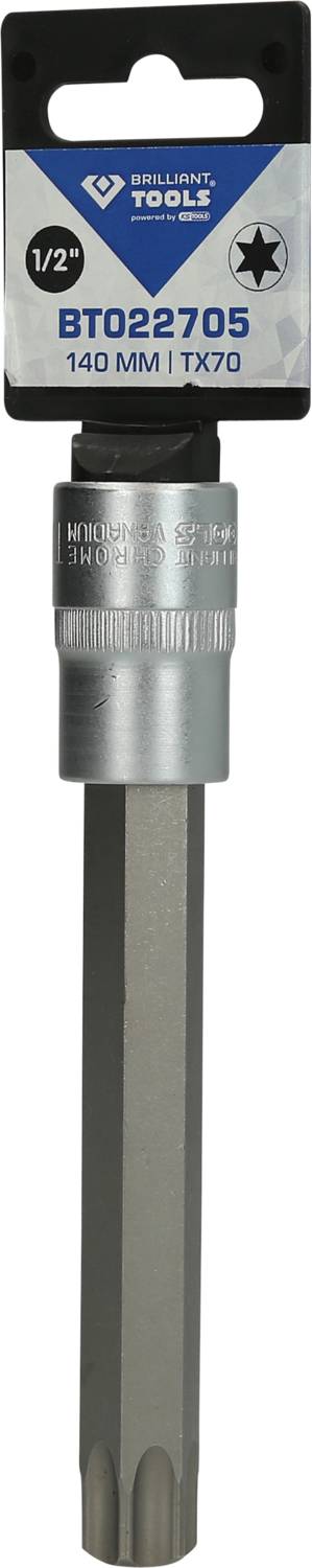 Prodloužený Torx bit s hvězdicovým tvarem a 1/2palcovým připojením, délka 140 mm, modelové číslo BT022705, od značky Brilliant Tools.