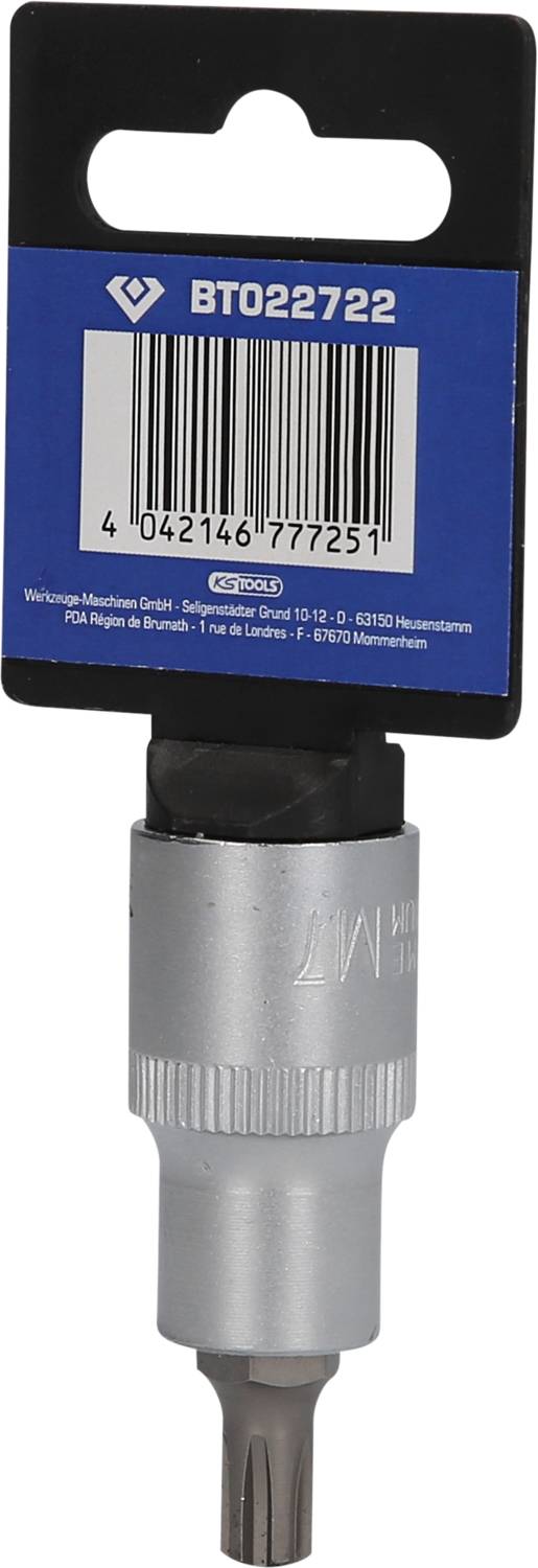 Stříbrný nástavec Torx bit s produktovým obalem, na kterém je černá a modrá karta s čárovým kódem a číslem dílu.
