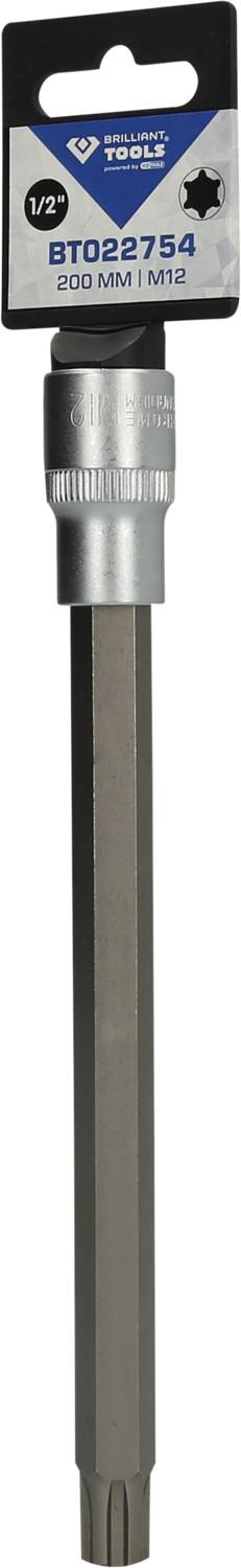 Šedý vrták s šestihrannou stopkou a stříbrnou hlavou. Štítek zobrazuje 'VTools', 'BT022754', '200 mm', 'TX2'. Vhodný pro šroubování.