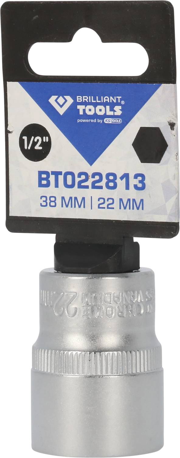 Nástrčná hlavice s 1/2palcovou přípojkou, vnějším šestihranem 38 mm a vnitřním šestihranem 22 mm od značky Brilliant Tools, katalogové číslo BT022813.