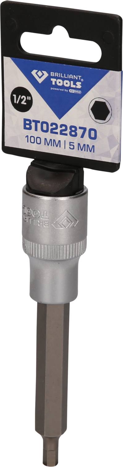 Šestihranný šroub s válcovou hlavou, délka 100 mm, velikost 5 mm. Balení s nápisem 'BT022870'. Vhodné pro použití v nářadí.