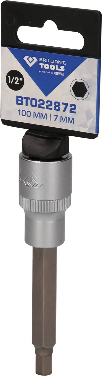 Nástrčná hlavice Brilliant Tools, modelové číslo BT022872, s pohonem 1/2 palce, délka 100 mm, šestihranný tvar 7 mm.