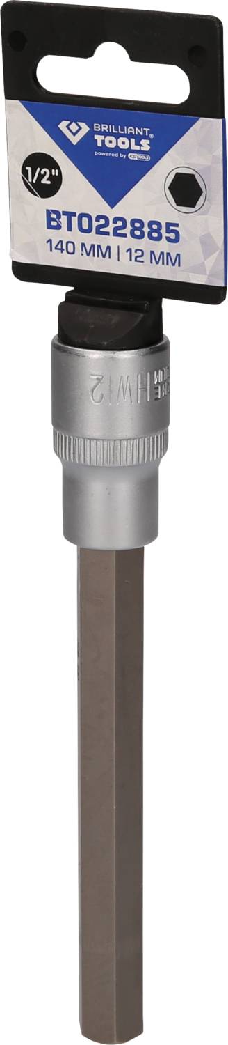 Bit-prodlužovací nástavec Brilliant Tools, 140 mm, 1/2 palce, stříbrný. Balení nahoře s logem značky a produktovými informacemi.