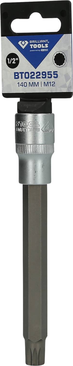 Nástrčný bit 'BT022955', 140 mm dlouhý, s pohonem 1/2 palce a profilem M12, vhodný pro ruční a elektrické nářadí.