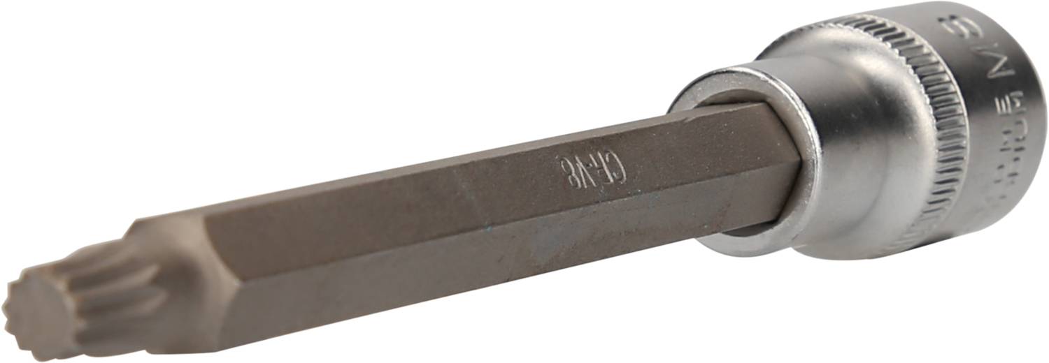 Šroubovák s hvězdicovitým torx hrotem a stříbrnou rukojetí, položený na boku na bílém pozadí.