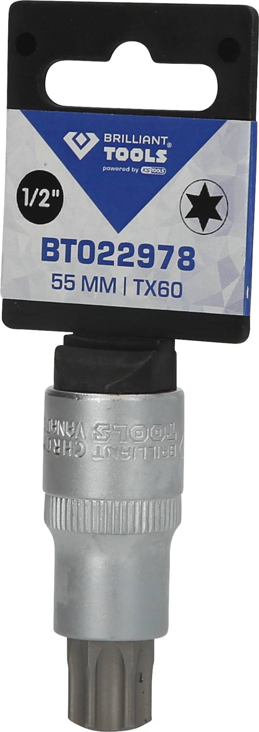 Nástrčná hlavice značky 'Brilliant Tools', velikost 55 mm, s označením 'BT022978' a 'TX60', vhodná pro 1/2palcový adaptér.