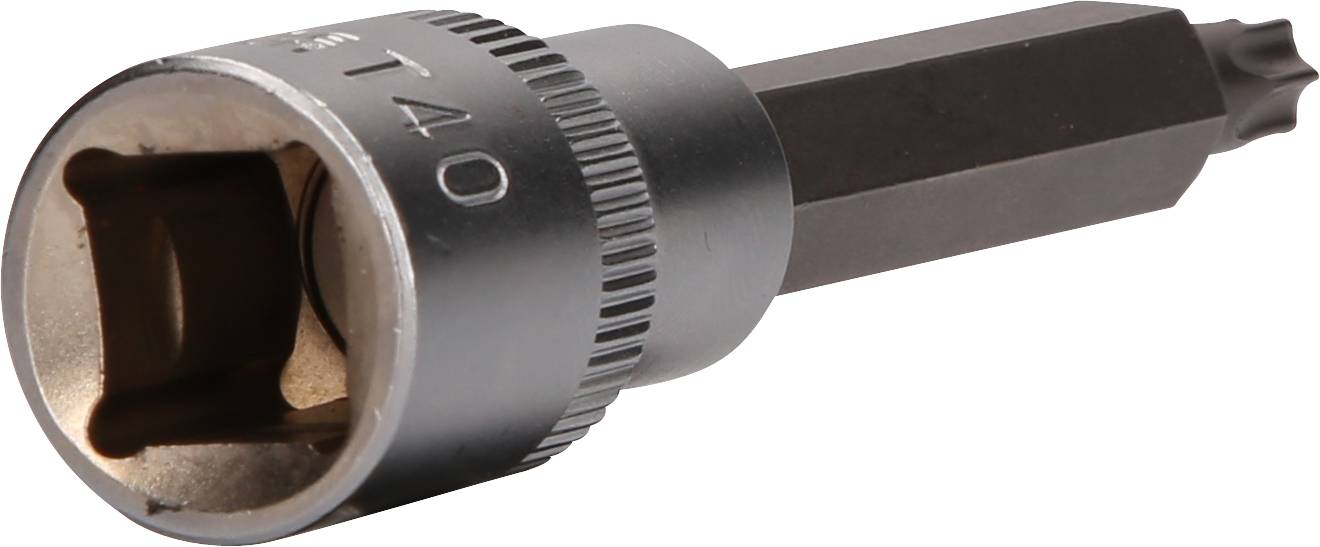 Nástavec šroubováku Torx (T40), vyrobený z oceli, určený pro řemeslnické nebo mechanické práce.