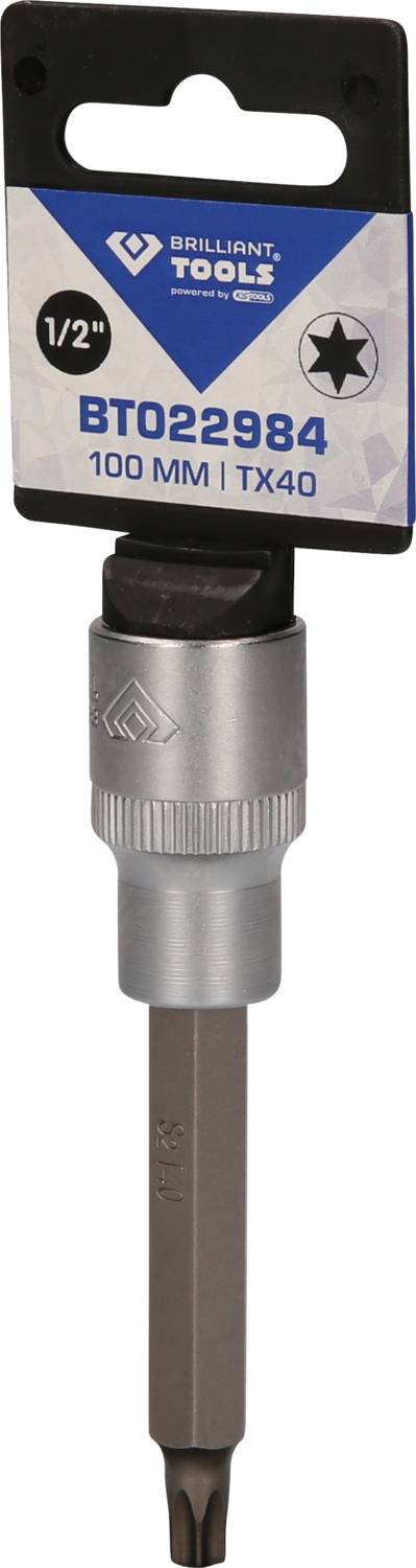 Nástavec s délkou 100 mm a bitem TX40, vhodný pro 1/2palcový pohon, od značky Brilliant Tools.
