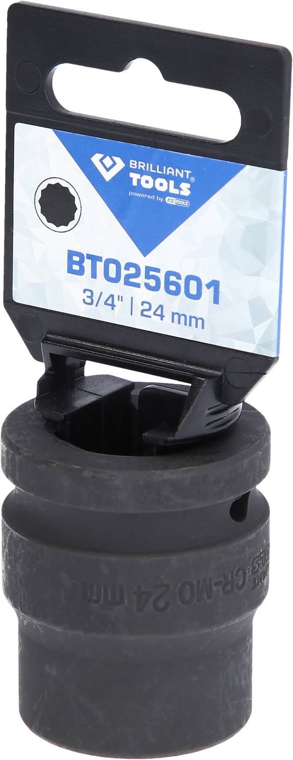 Nástrčný klíč 'Brilliant Tools BT025601', 3/4 palce, 24 mm, černý, s upevňovací záložkou a popiskem na kovovém štítku.