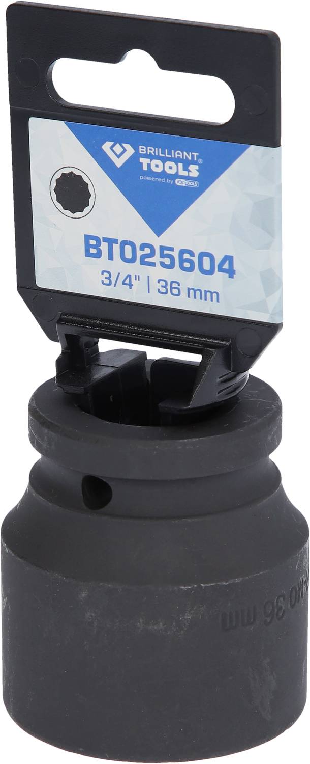 Černý adaptér nástrčného klíče s etiketou 'BT025604' a rozměrem '3/4" | 36 mm' od značky Brilliant Tools.