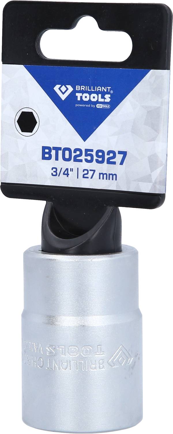 Na obrázku je stříbrná nástrčná hlavice značky Brilliant Tools, model BT025927, velikost 3/4 palce, 27 mm, zavěšená na obalu.