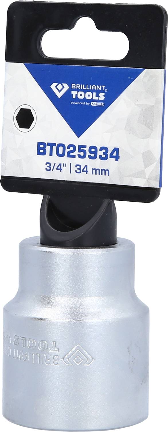 Stříbrný nástrčný klíč s popisem 'BT025934, 3/4", 34 mm' od společnosti Brilliant Tools, v obalu.