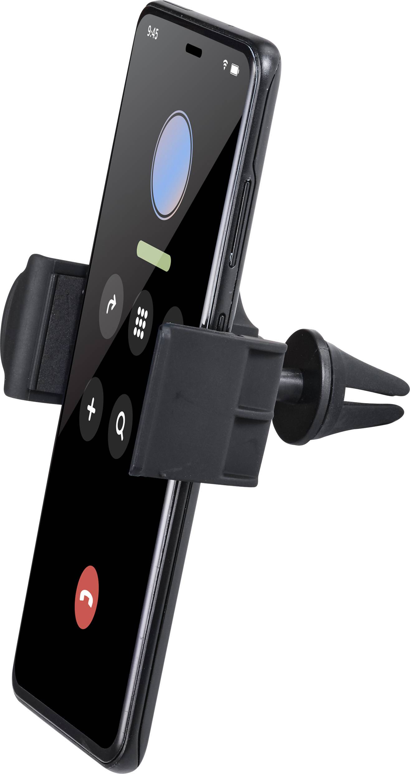 Mobilní telefon v držáku na mřížce ventilace automobilu. Na displeji je aktivní telefonní hovor s ovládacími tlačítky.