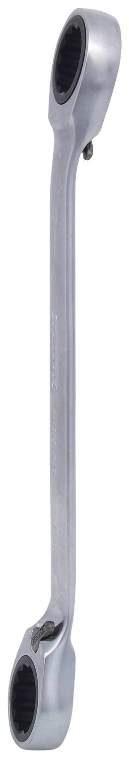 Stříbrný oboustranný stranový klíč se dvěma výměnnými nástavci o různých velikostech na obou koncích, vhodný pro mechanické práce.
