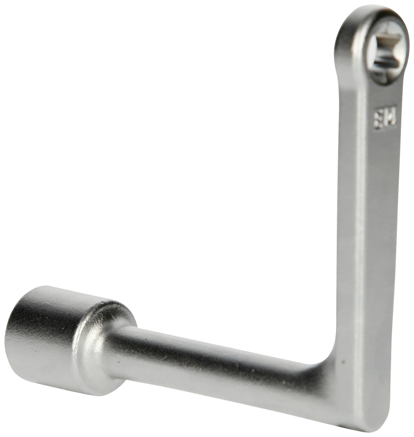 Stříbrný kovový kolík s rukojetí ohnutou v pravém úhlu a šestihranným uchycením pro šroub.