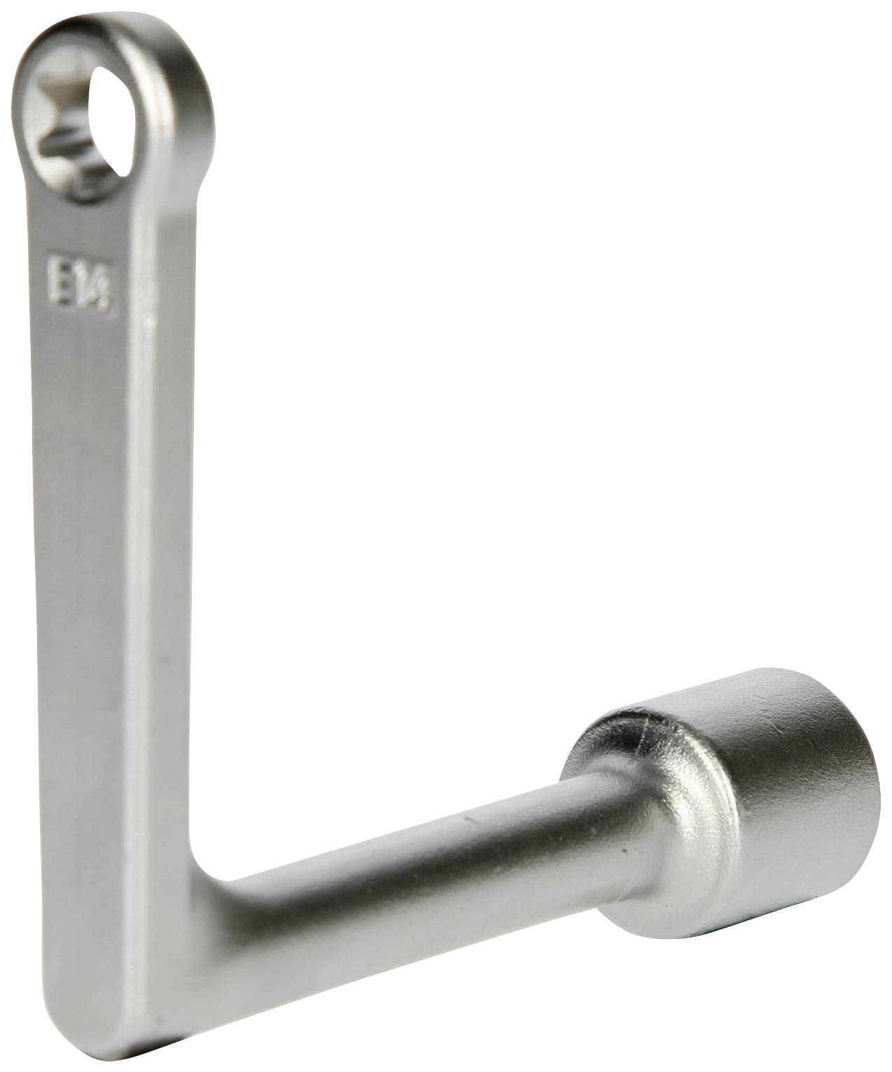 Kovový stříbrný úhelník s otvory na koncích pro upevnění.