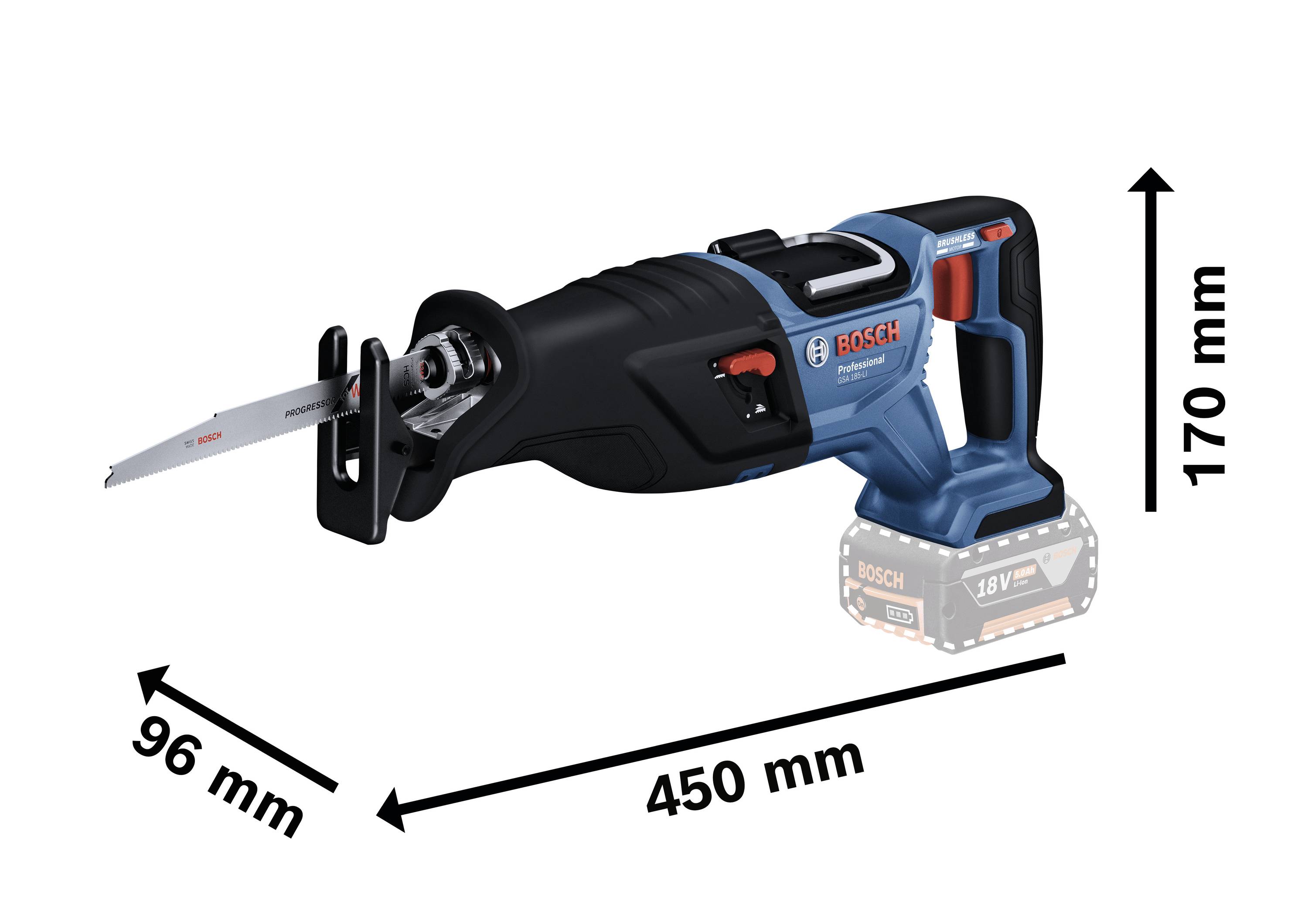Akumulátorová pila ocaska s logem Bosch, 18V baterie. Rozměry: délka 450 mm, výška 170 mm, šířka 96 mm. Vhodná pro přesné řezání.
