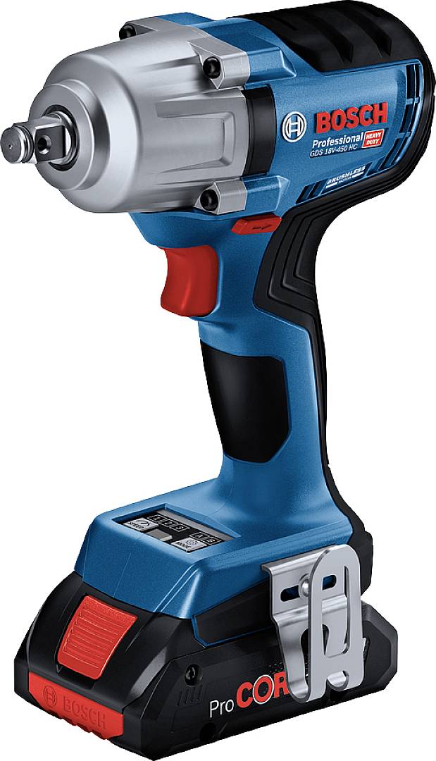 Modročervený Bosch akumulátorový rázový šroubovák s technologií ProCORE18V, vhodný pro profesionální použití, na bílém pozadí.