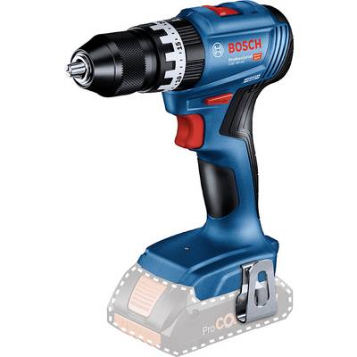 Akumulátorová vrtačka Bosch v modré a černé barvě s ergonomickou rukojetí. Prostor pro akumulátor je prázdný a označený přerušovanou čarou.