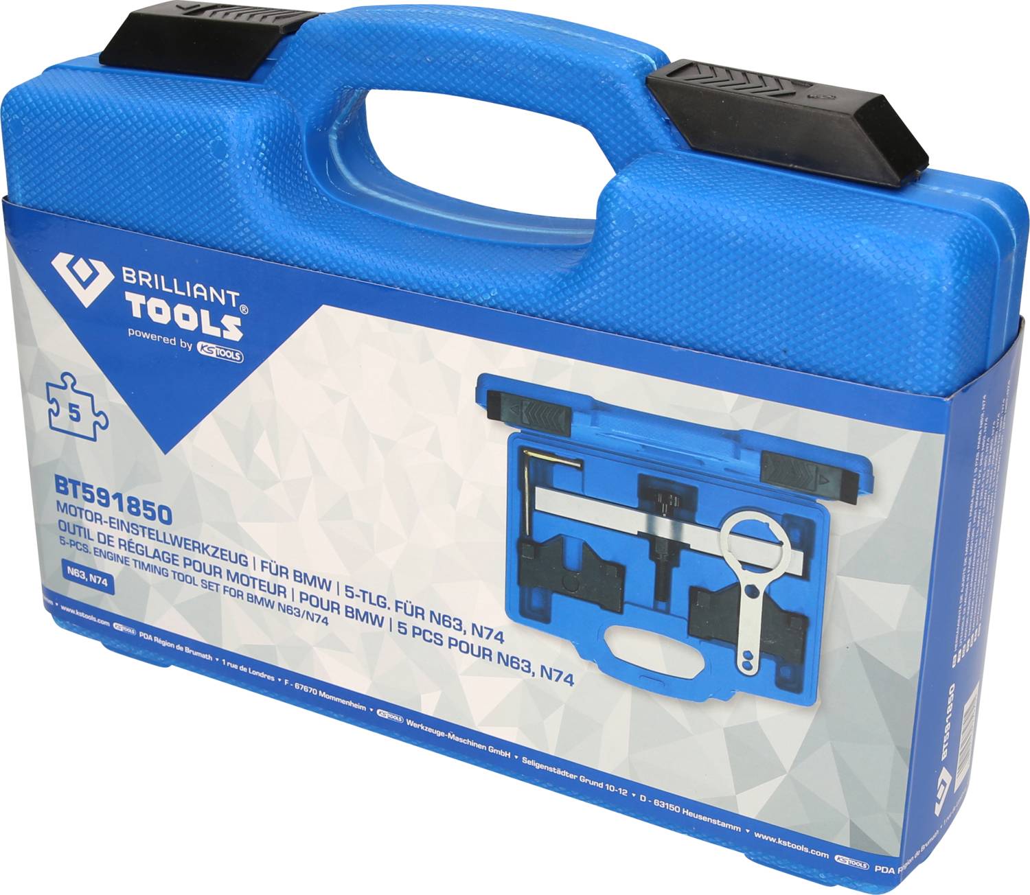 Modrý kufřík na nářadí s nápisem 'Brilliant Tools'. Obsahuje seřizovací nástroje pro motor. Vhodné pro motory BMW N63, N74.
