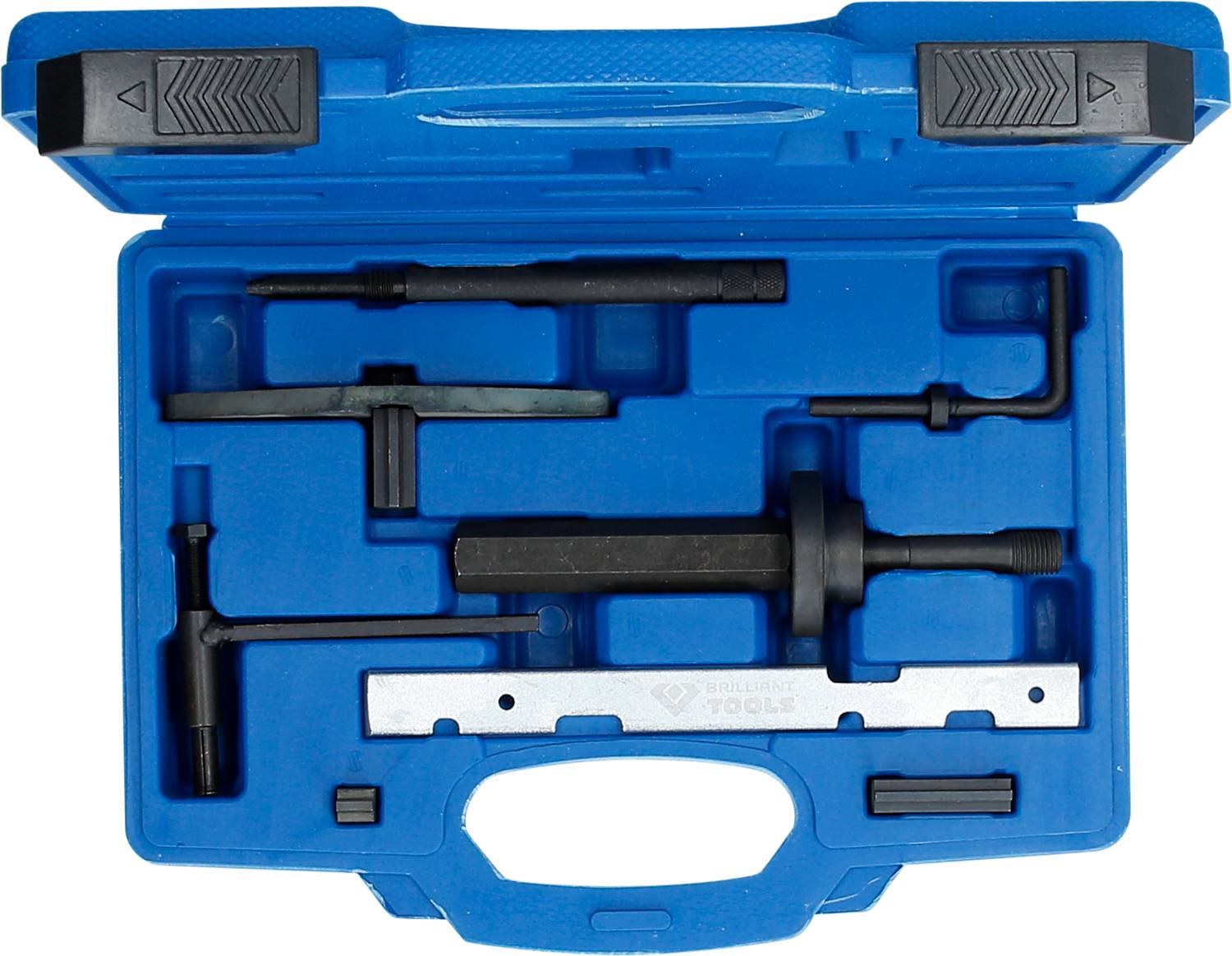 Modrý nářaďák s několika černými nástroji, včetně klíčů a adaptérů. Krabice má označení 'BM 60006' a symbol.