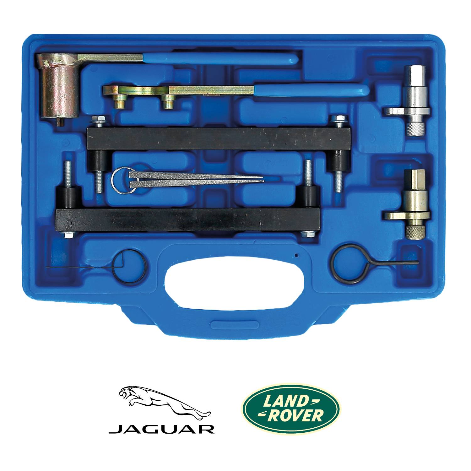 Modrý kufřík s nářadím obsahující speciální autodílenské nástroje pro vozy Jaguar a Land Rover. Vybaven držáky, kolíky a pákami. Firemní loga zobrazena níže.
