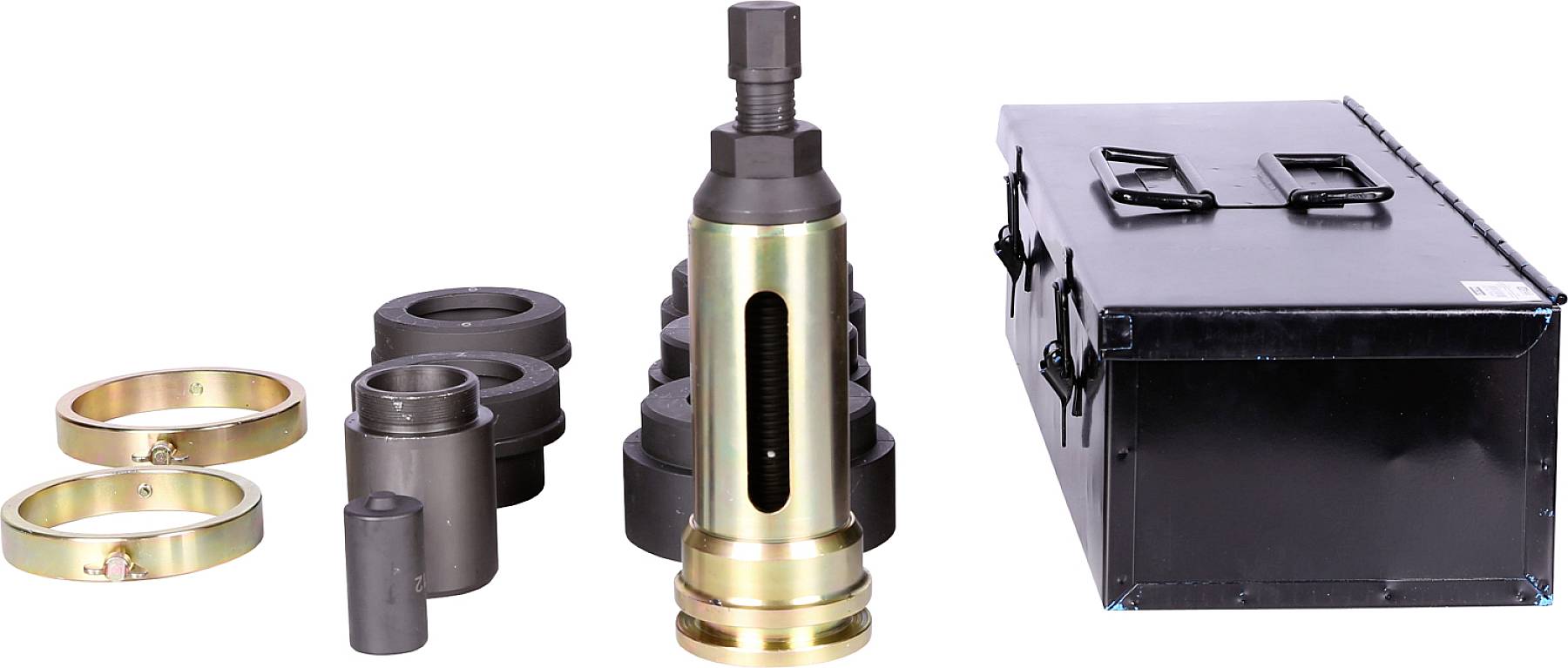 Sada nástrojů pro obrábění kovu s hydraulickým stahovákem, různými nástavci a kovovým boxem.