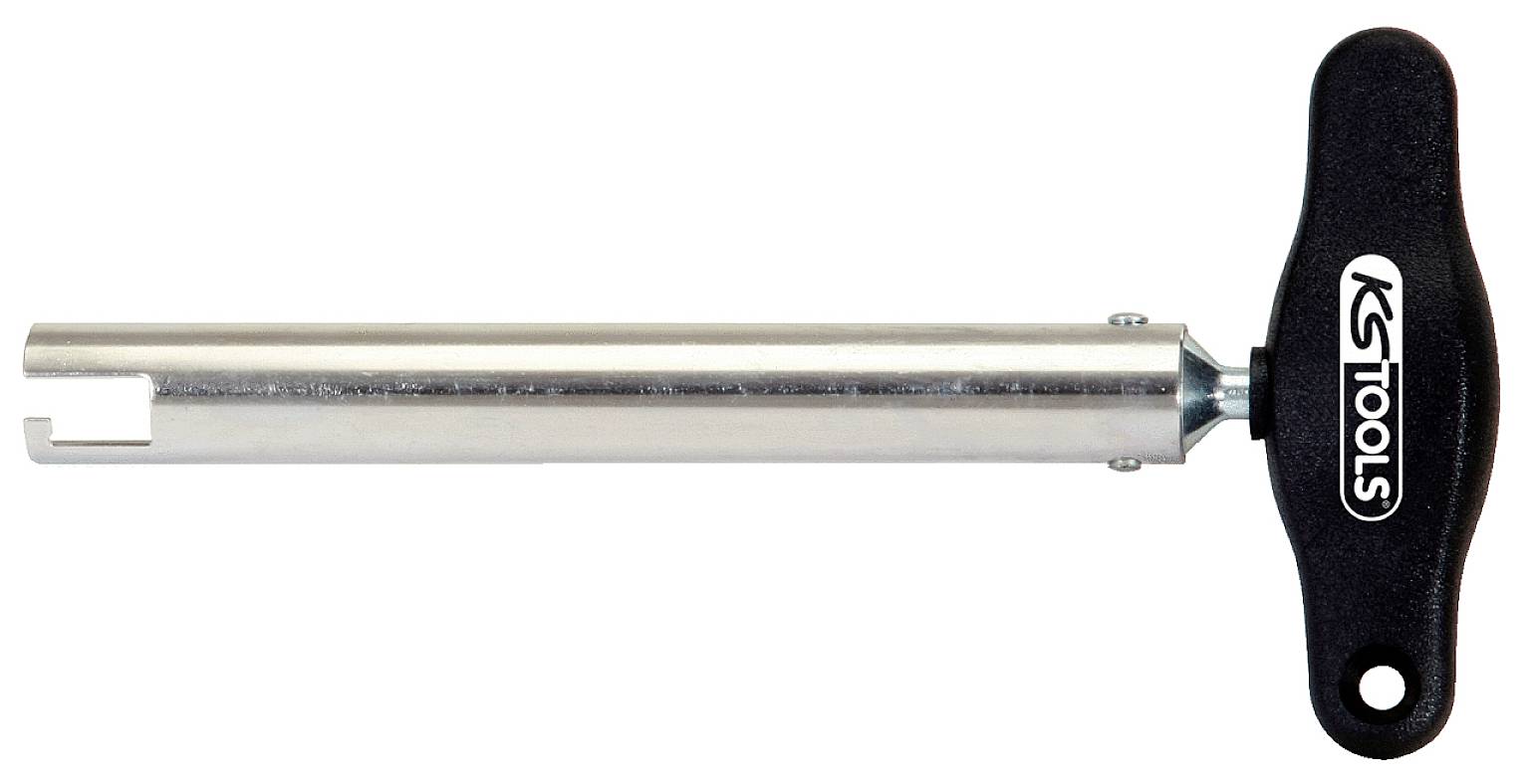 T-klíč s rukojetí od KS Tools, určený pro otevírání speciálních zámků. Stříbrný dřík, černá rukojeť.