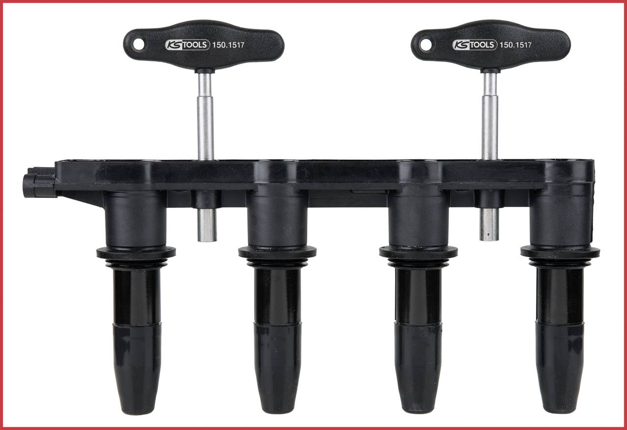 Nástroj na vytažení zapalovací svíčky se čtyřmi černými adaptéry a rukojeťmi nahoře, používaný pro údržbu motoru.