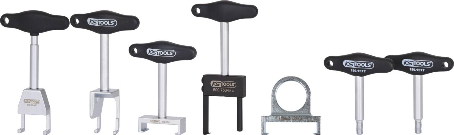 Šest speciálních automobilových nástrojů s černou rukojetí a kovovým dříkem, které mají různé tvary pro různé použití.