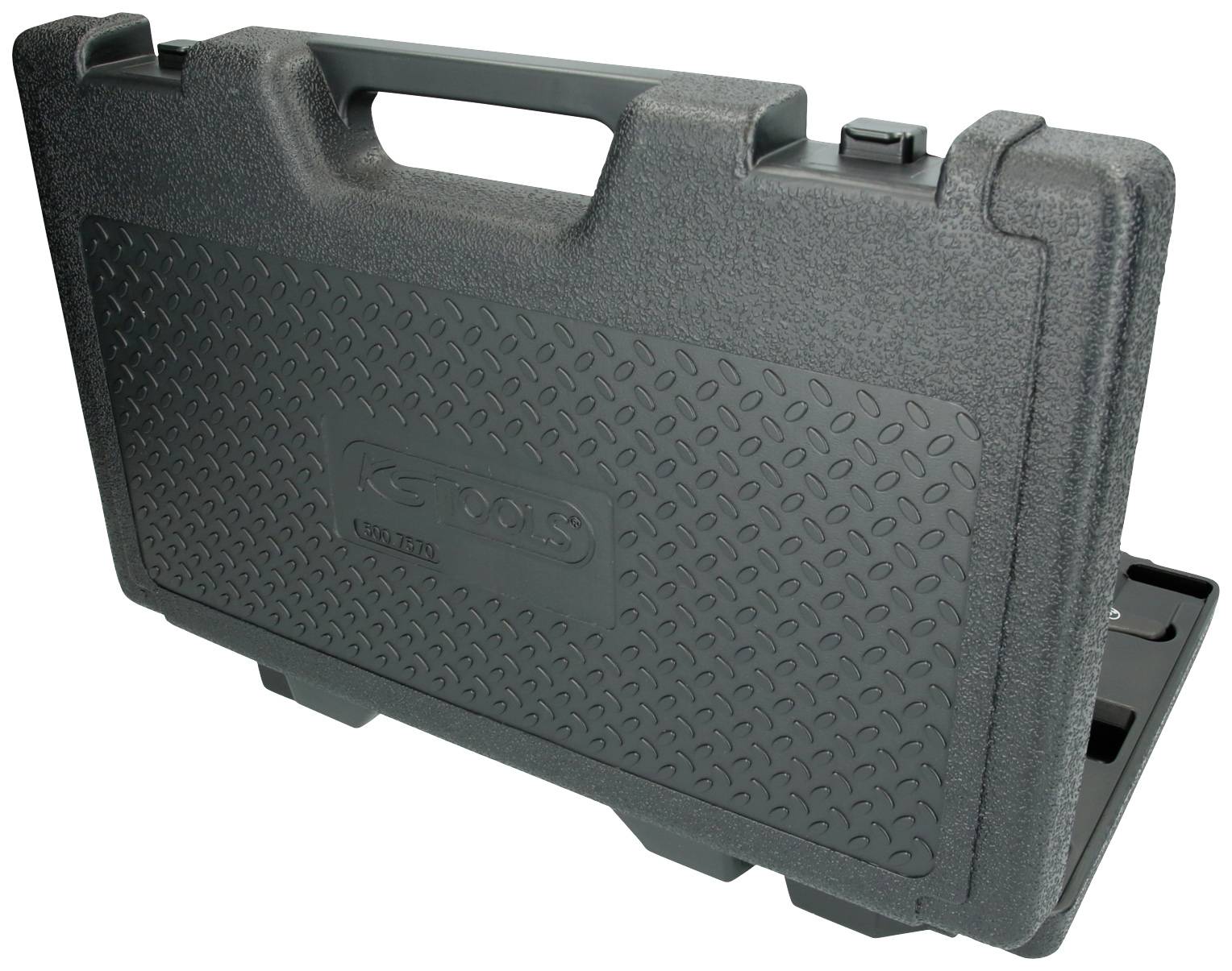 Černý plastový kufřík na nářadí se vzorem mřížkové sítě a integrovanou rukojetí, umístěný ve vzpřímené poloze.