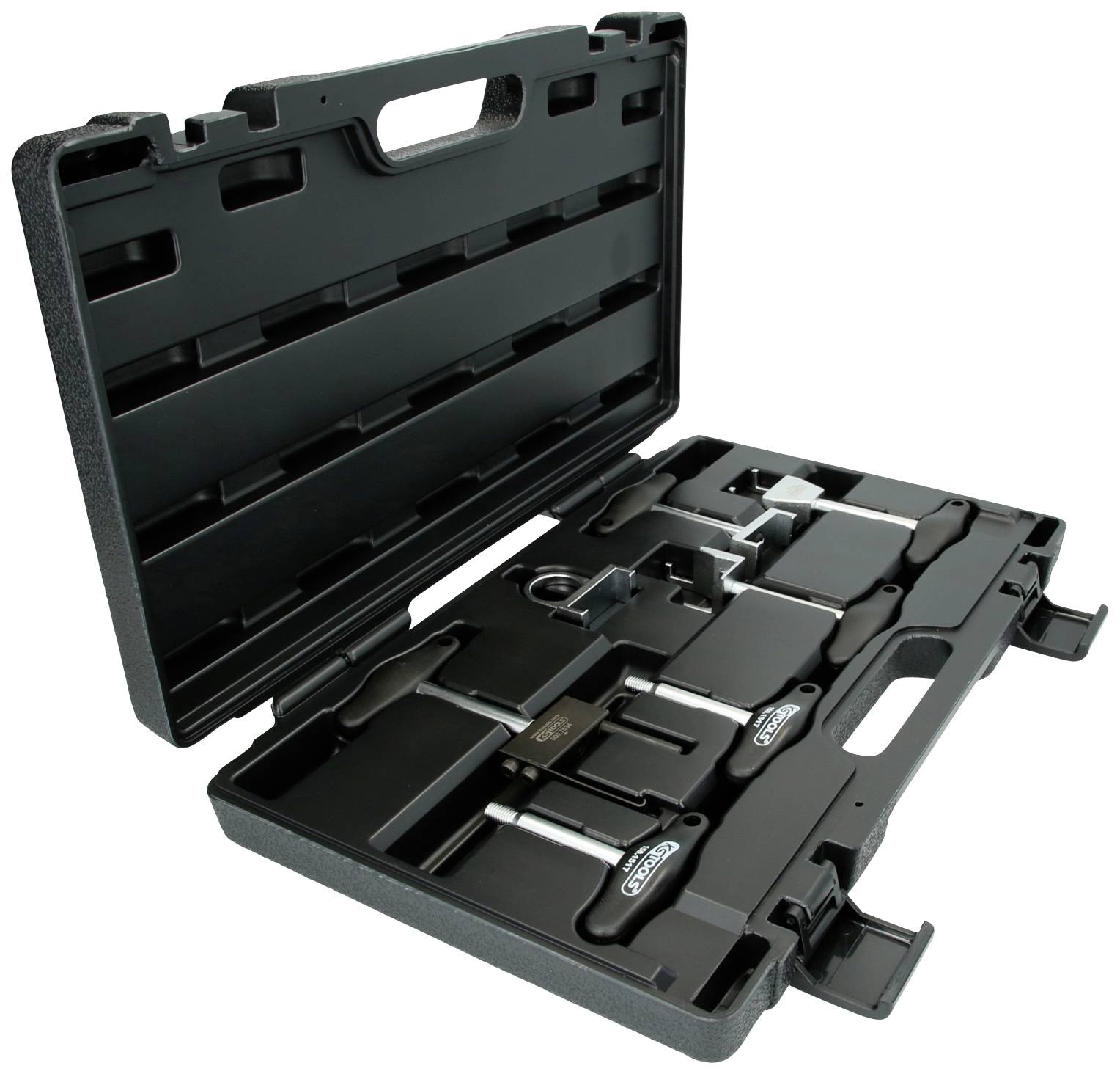 Otevřený černý kufřík s různými nástroji, včetně klíčů a kleští, pečlivě uspořádaných.
