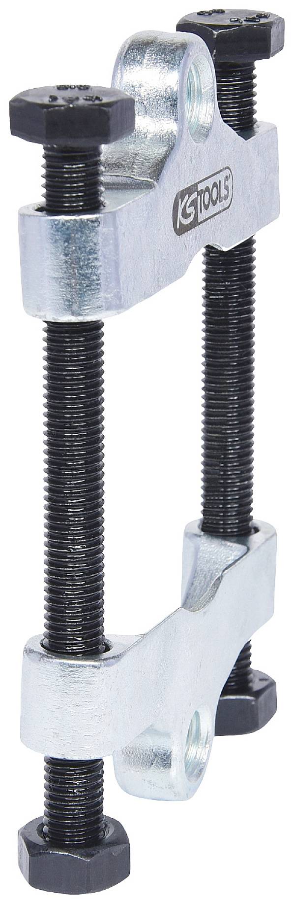 Kovový stahovák se dvěma černými šrouby, používaný k vytahování ložisek nebo ozubených kol v mechanických aplikacích.