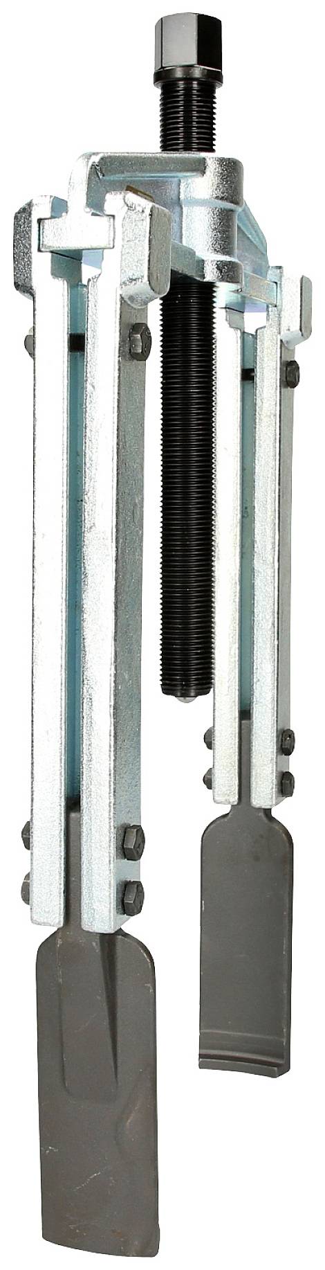 Třínohý mechanický stahovák s nastavitelnými čelistmi a centrálním šroubem, používaný k demontáži ložisek nebo ozubených kol.