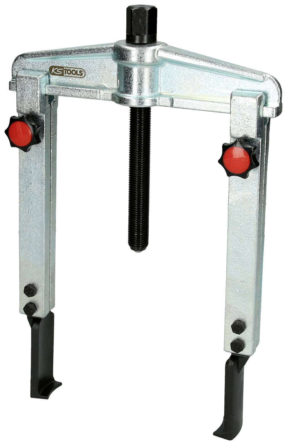 Dvouramenný stahovák s nastavitelnými rameny a šroubovým mechanismem, používaný ke stahování ložisek nebo ozubených kol.